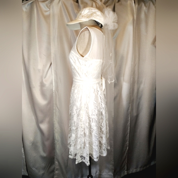 2 Pc: Lace Wedding Dress+ Cap Veil, White Sleeveless, Sequin & Beaded Cap, 4 - Picture 8 of 16